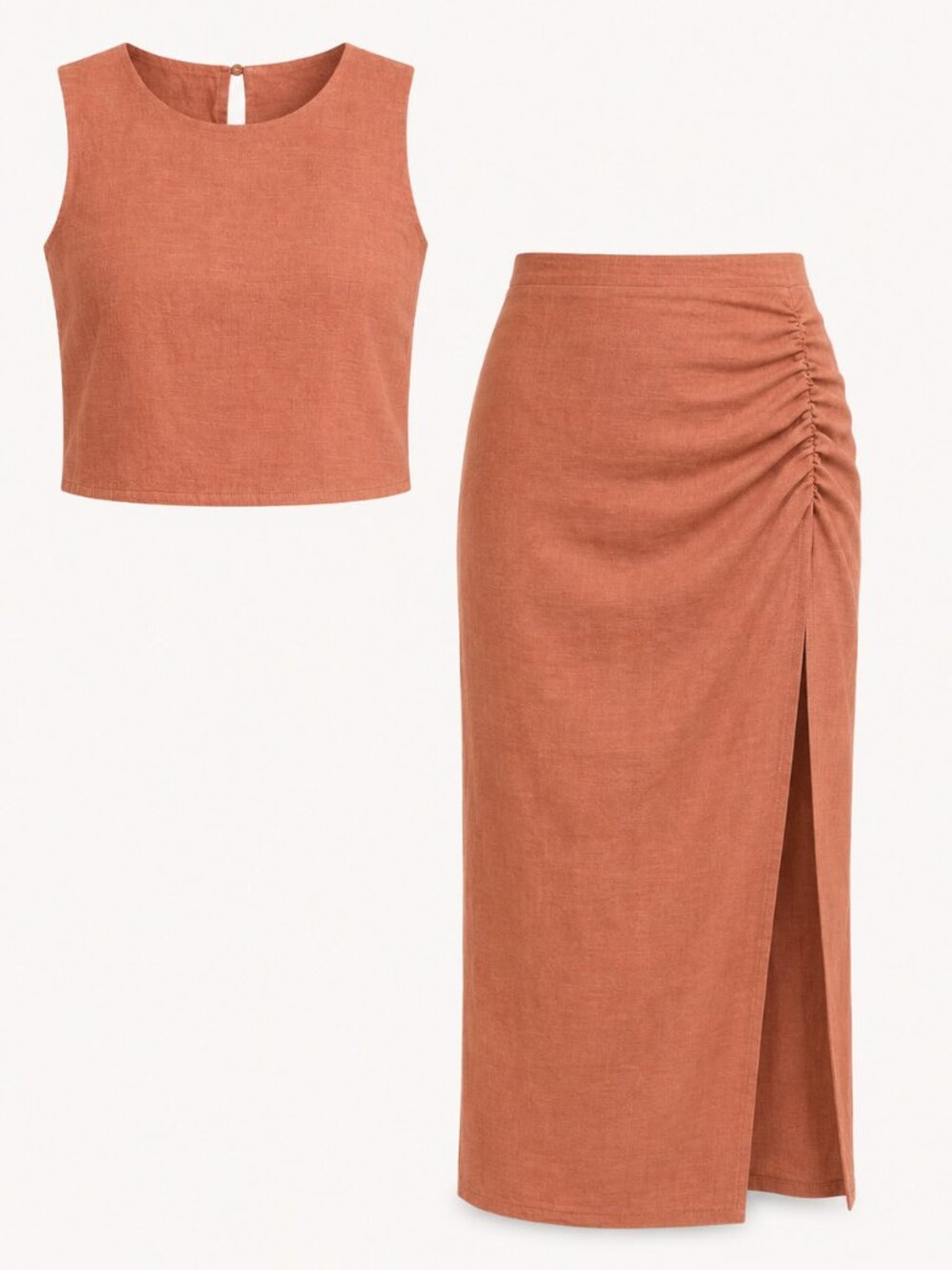 Two-Piece Linen Rust Cropped Tank and Pencil Skirt Set. Sizes M and L